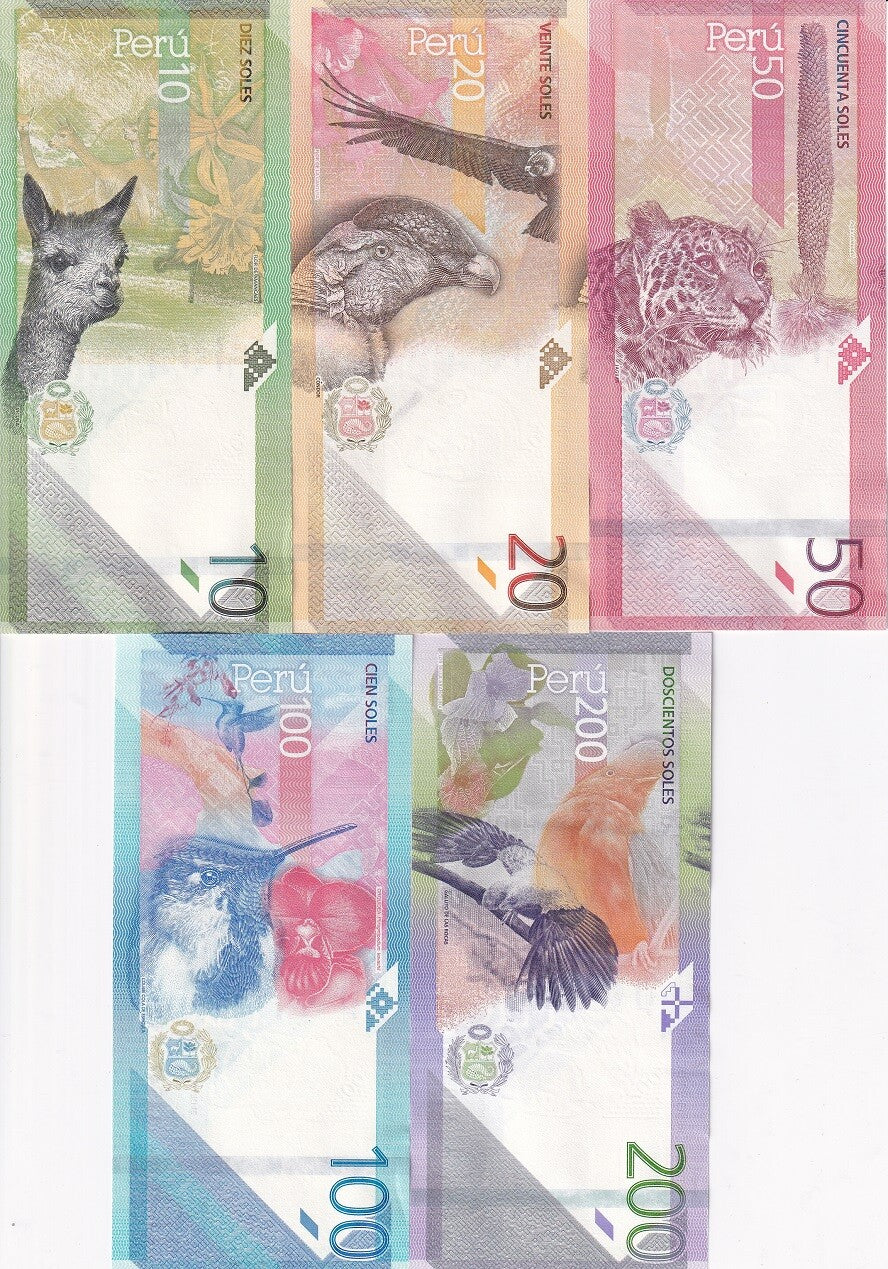 Peru Set 5 UNC 10 20 50 100 200 Soles 2019/2021/ 2023 P 196 197 198 199 200