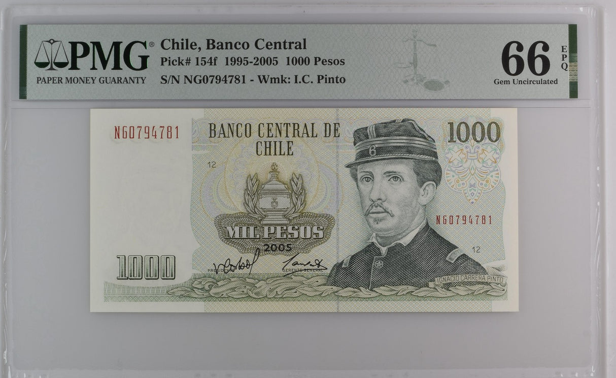 Chile 1000 Pesos 2005 P 154 f Gem UNC PMG 66 EPQ