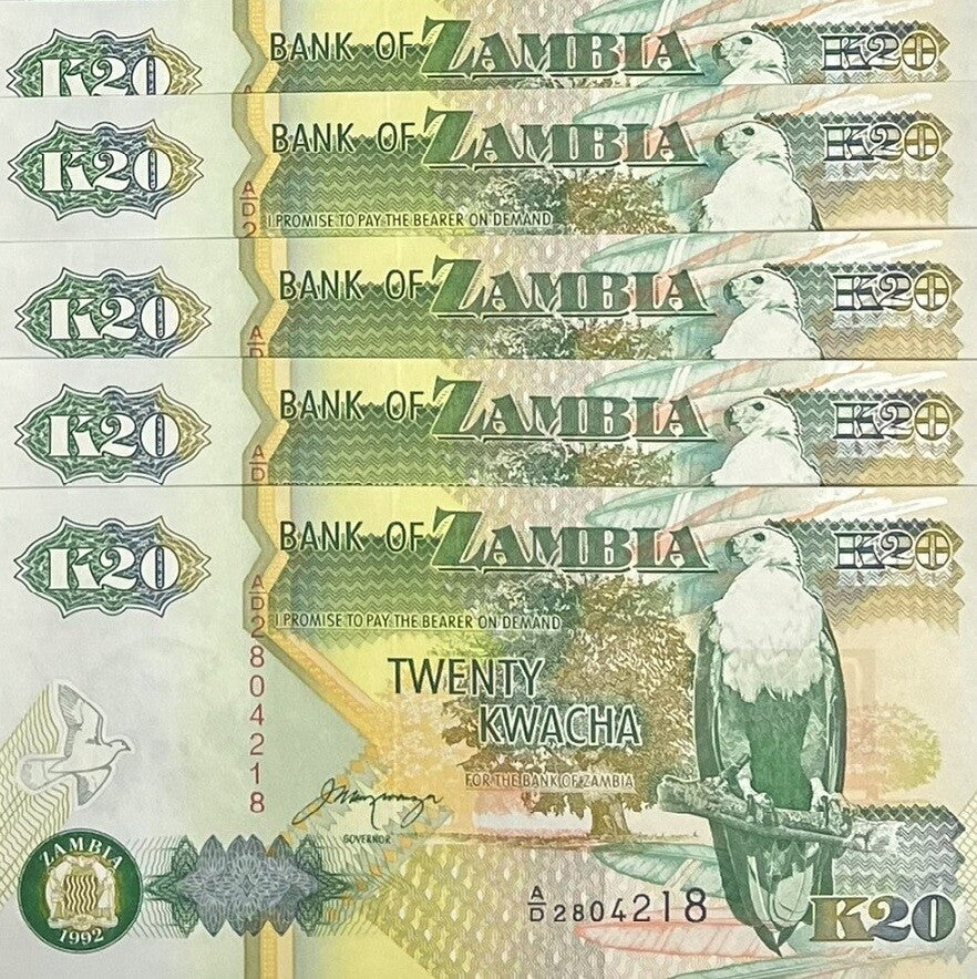 Zambia 20 Kwacha 1992 P 36 b UNC LOT 5 PCS