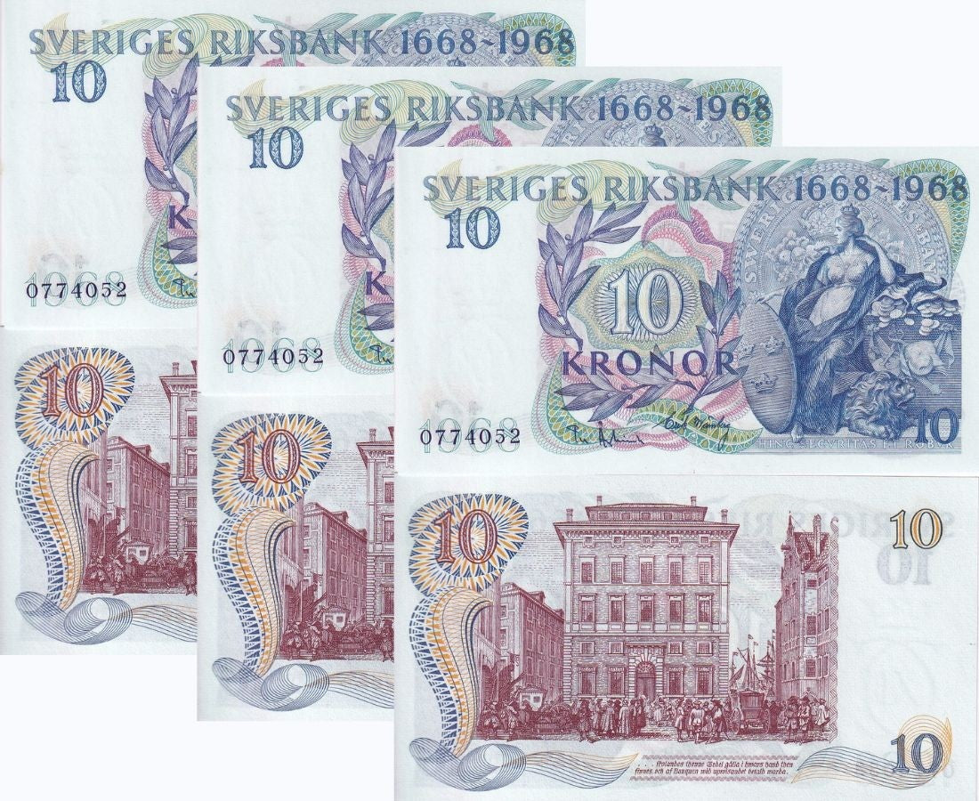 Sweden 10 Kronor 1968 P 56 UNC LOT 3 PCS
