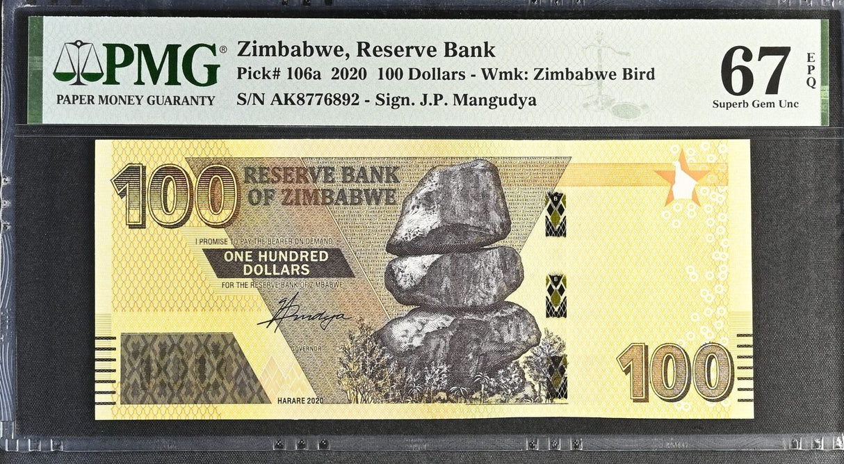 Zimbabwe 100 Dollars 2020 P 106 a Superb Gem UNC PMG 67 EPQ