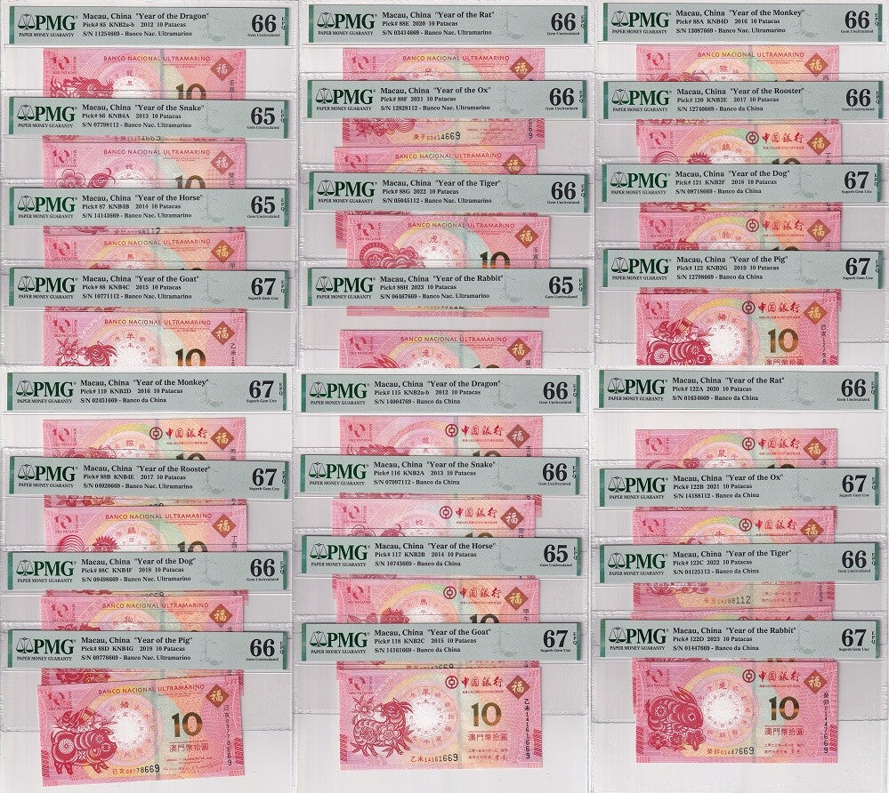 Macau Set 24; 10 Patacas ZODIAC Dragon 2012-2023 BNU & BOC PMG GEM 65 66 67 EPQ