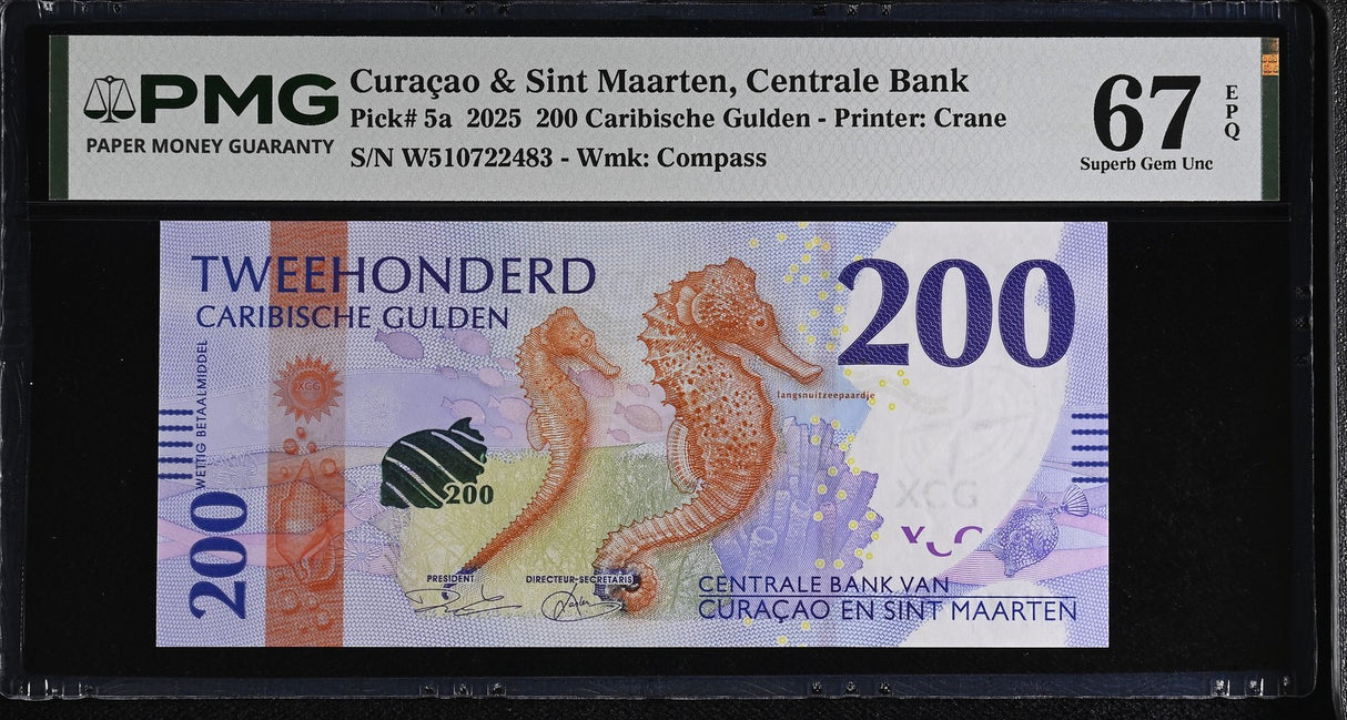 CURACAO & SINT MAARTEN 200 Gulden 2025 P 5 a Superb Gem UNC PMG 67 EPQ