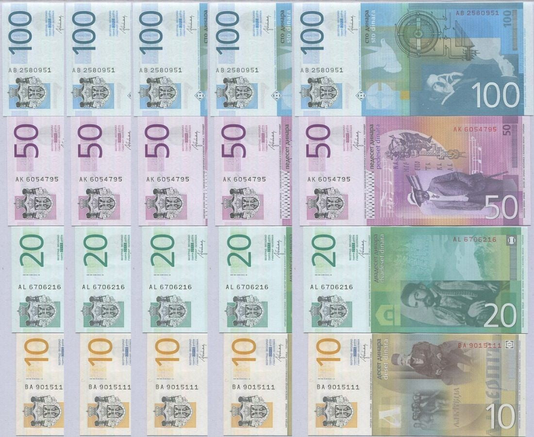 Serbia Set 4 x Lot 5 =20 AU-UNC 10 20 50 100 Dinara RANDOM DATE P 54 55 56 57