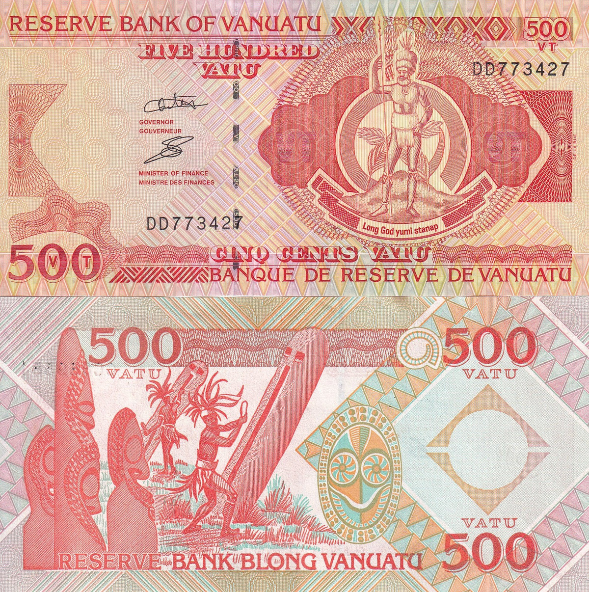 Vanuatu 500 Vatu ND 1993 (2006) P 5 c UNC ,Melanesian chief Log Drums