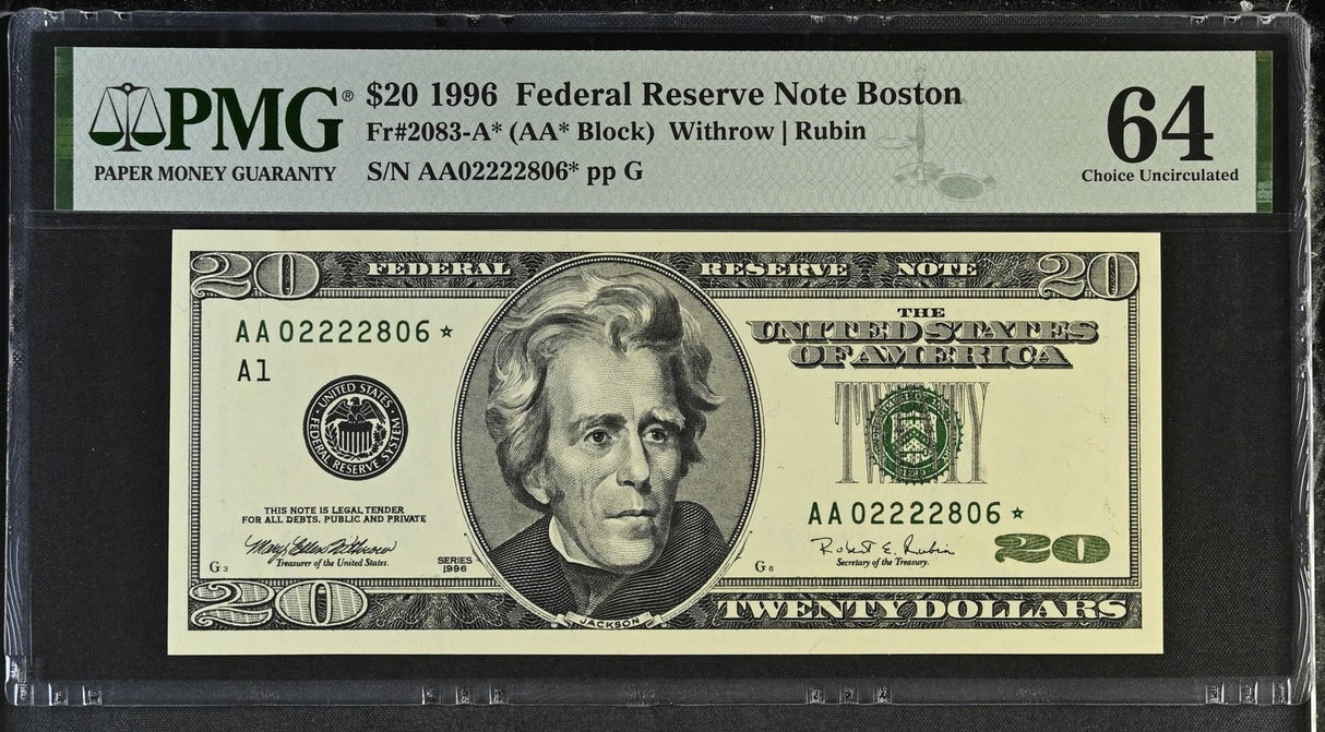 United States 20 Dollars USA 1996 P 501* Replacement A Boston Choice UNC PMG 64
