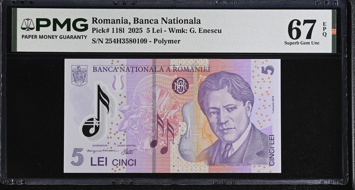 Romania 5 Lei 2025 P 118 l Polymer Superb Gem UNC PMG 67 EPQ