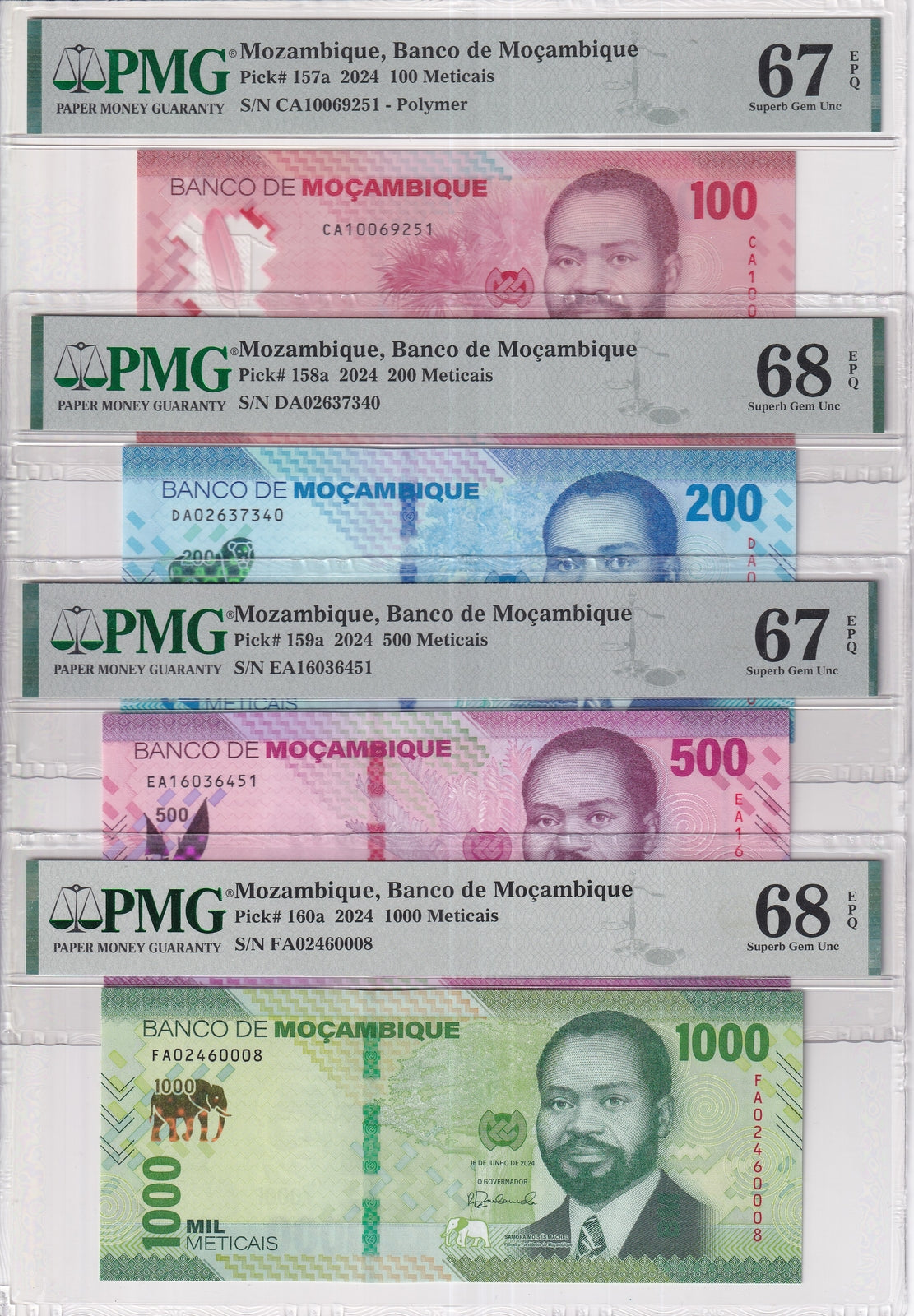Mozambique Set 4; 100 200-1000 Meticais 2024 P 160 Superb Gem UNC PMG 67 68 EPQ