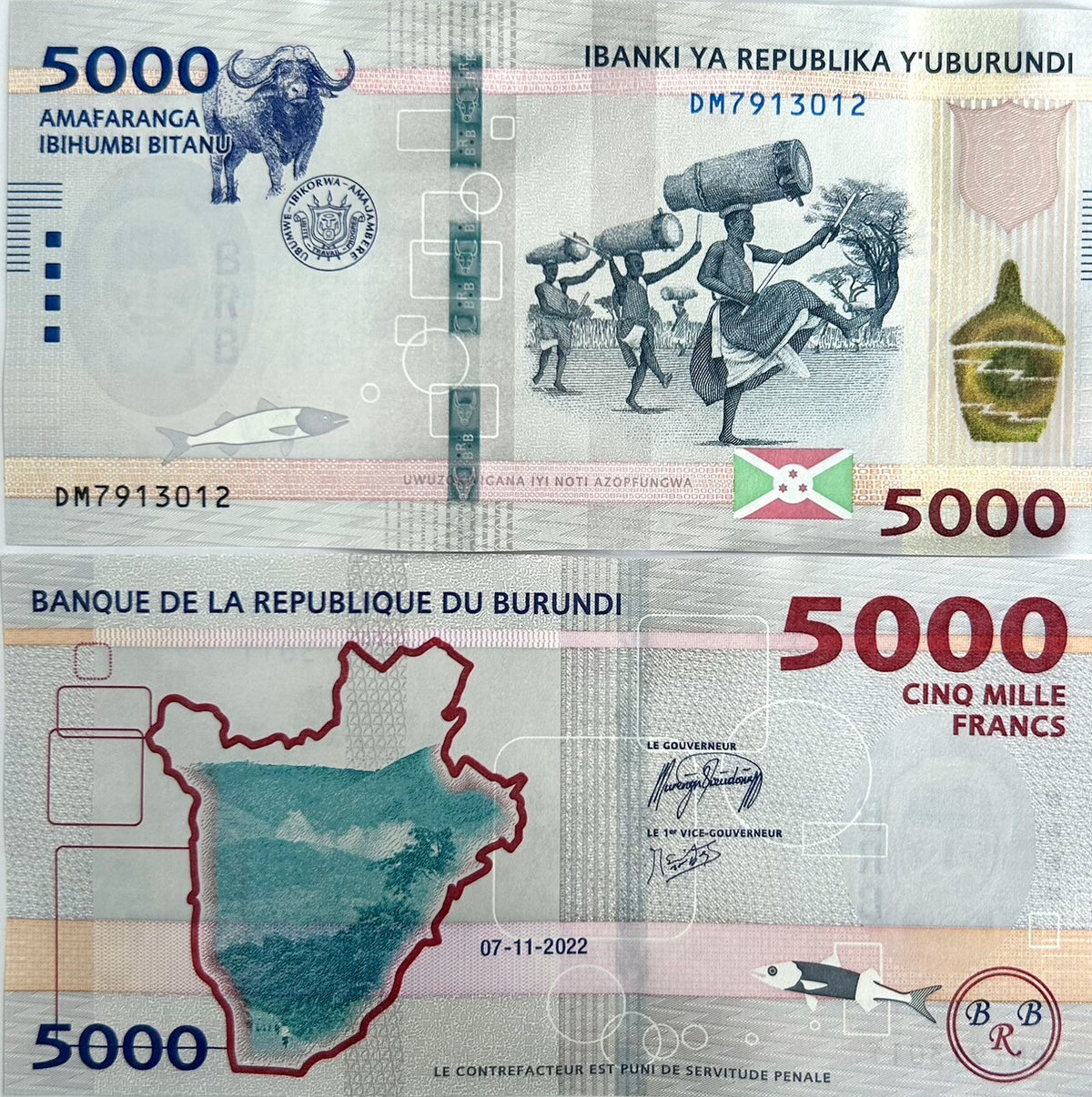 Burundi 5000 Francs 2022 P 58 UNC ,Buffalo, arms, flag, dancers with drums