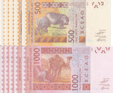 WAS Ivory Coast Set 2 x Lot 5=10 UNC 500 1000 Francs 2026 P 115A 116A New