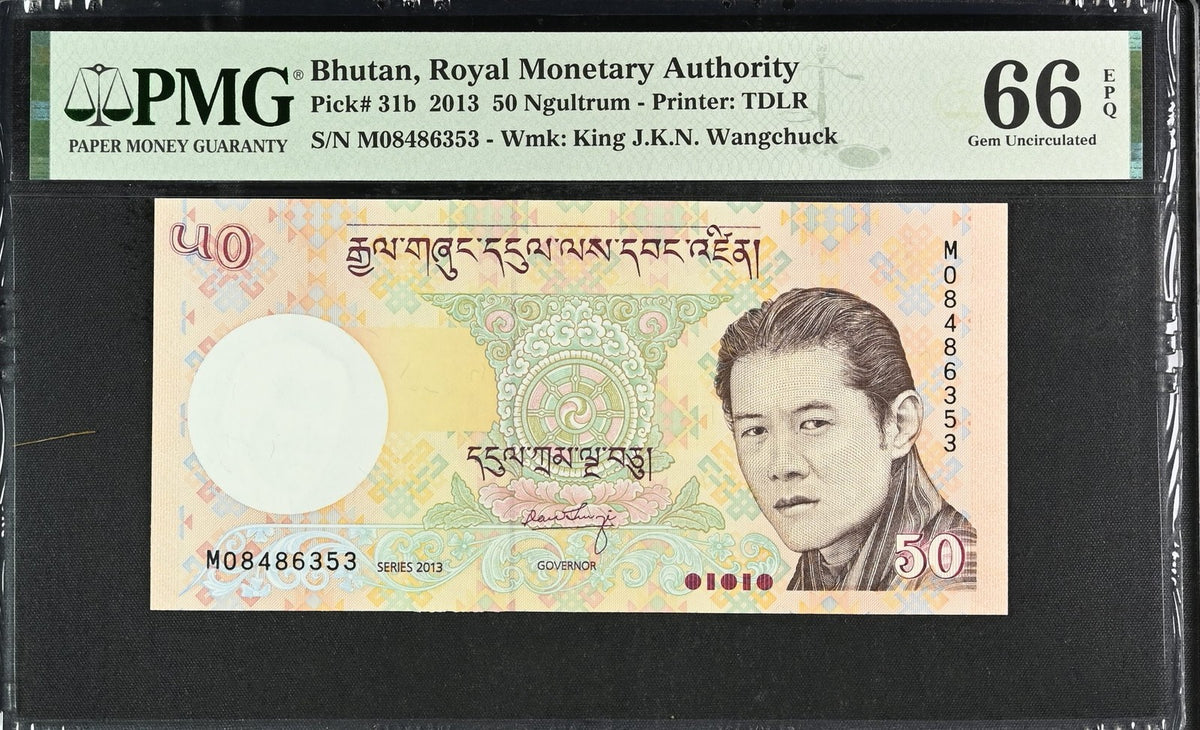Bhutan 50 Ngultrum 2013 P 31 b Gem UNC PMG 66 EPQ ,Tongsa Dzong