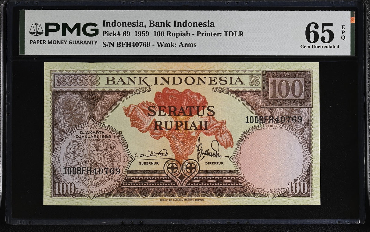 Indonesia 100 Rupiah 1959 P 69 Gem UNC PMG 65 EPQ , Printer TDLR
