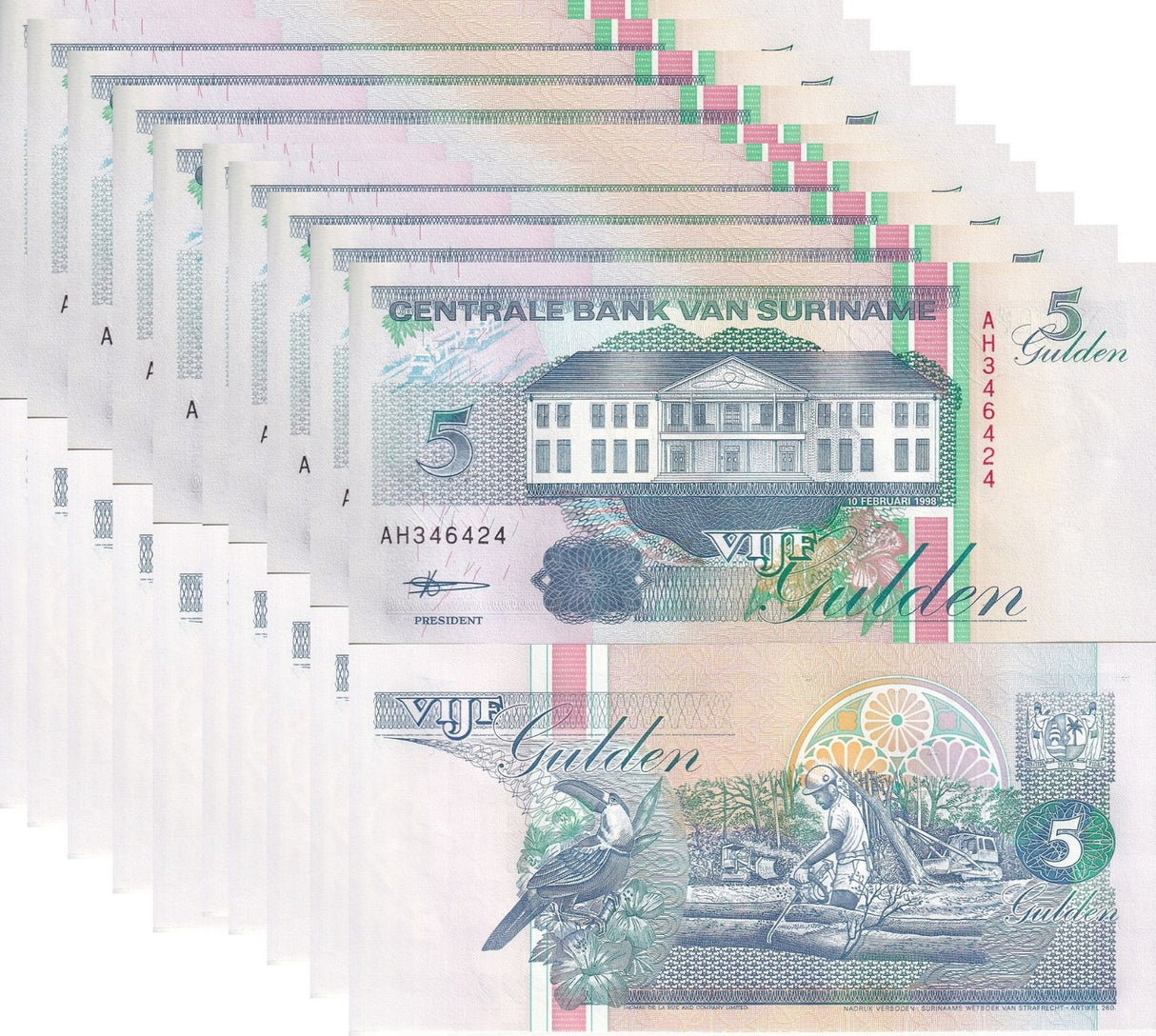 Suriname 5 Gulden 1998 P 136 UNC LOT 10 PCS