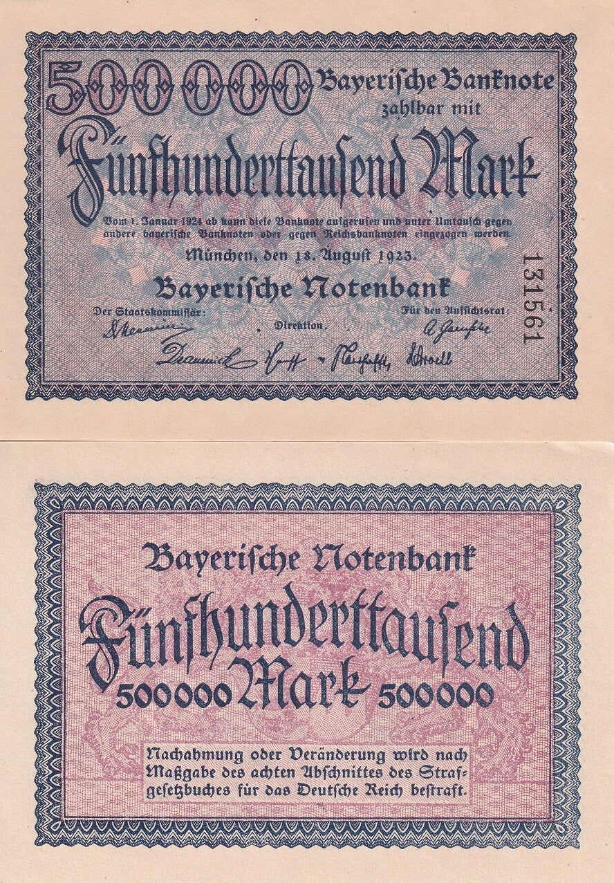 Germany Bayern 500000 Mark 1923 P S930 UNC Emergency Hyperinflation