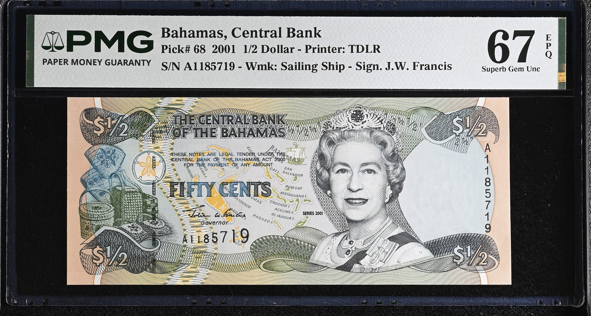 Bahamas 1/2 Dollar 2001 P 68 Superb Gem UNC PMG 67 EPQ , Printer TDLR