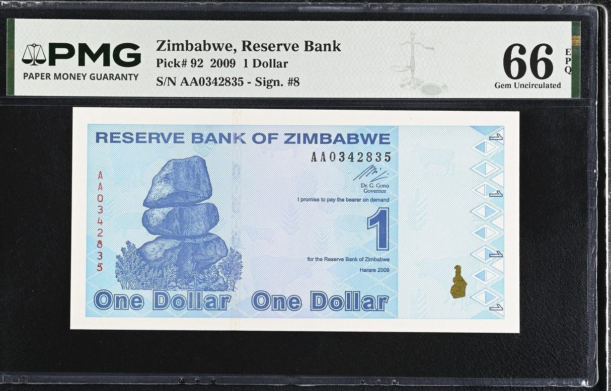 Zimbabwe 1 Dollar 2009 P 92 GEM UNC PMG 66 EPQ
