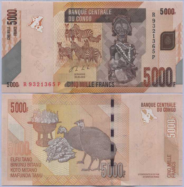 Congo 5000 Francs 2020 P 102 c UNC Zebras, Hemba statuette ,Congolese peacocks