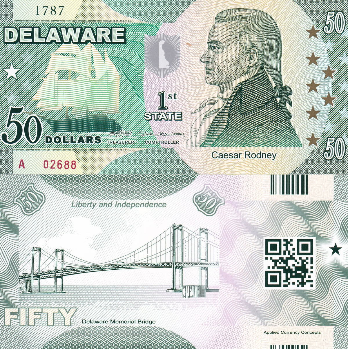 UNITED STATE USA. DELAWARE 50 Dollars 1st STATE 2014 POLYMER RODNEY Private issu