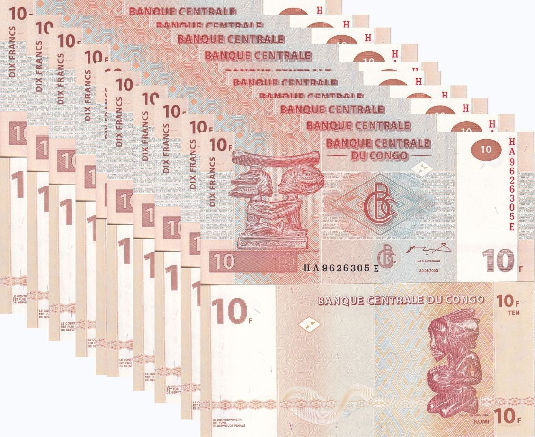 Congo 10 Francs 2003 P 93A G&D UNC LOT 10 PCS