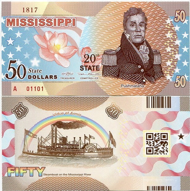USA MISSISSIPPI 50 DOLLARS 2016 STATE 20TH PUSHMATAHA POLYMER Private issued