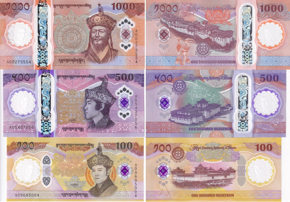 Bhutan SET 3 AU 100 500 1000 Ngultrum 2025 2026 70th Commemorative Polymer AUnc