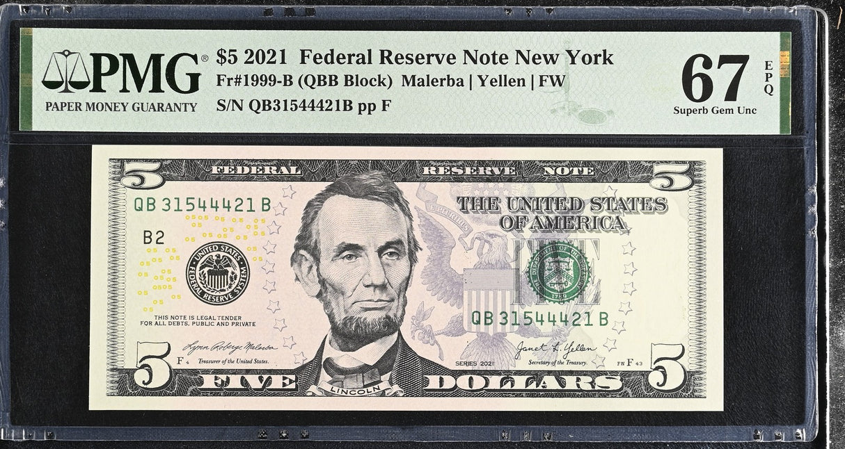 United States 5 Dollars Usa 2021 P 551 B New York Superb Gem UNC PMG 67 EPQ