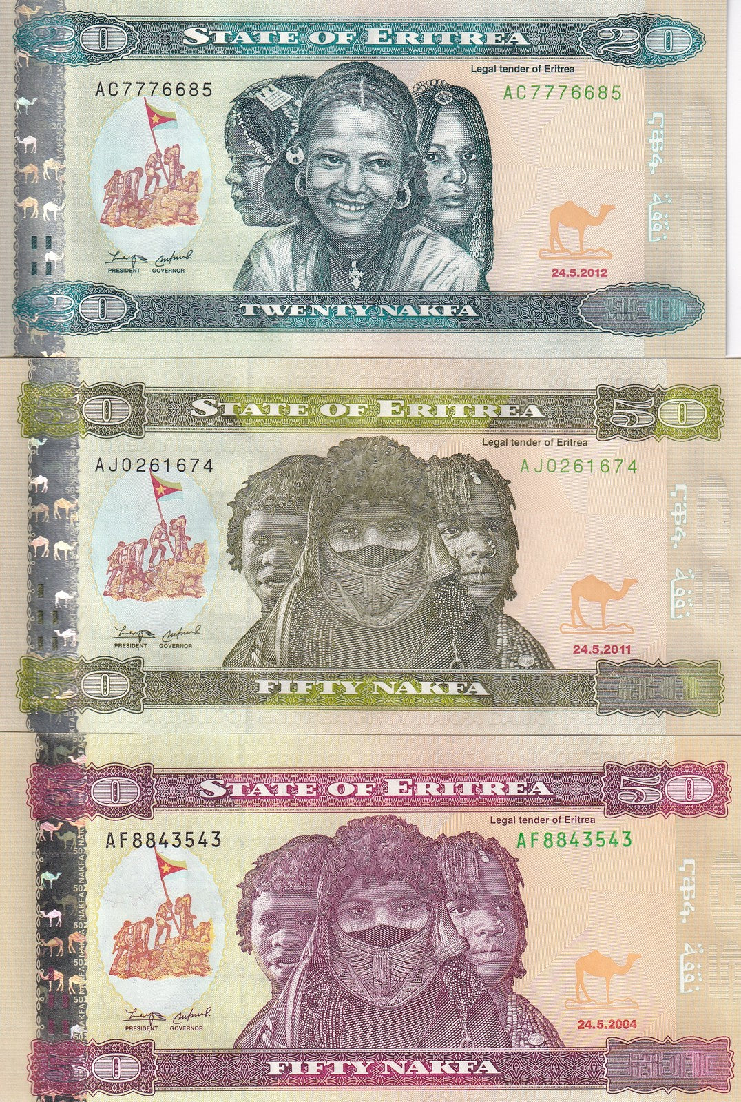 Eritrea Set 3 UNC 20 50 50 Nakfa 2004 2011 2012 P 7 9 12 Fieldwork Cargo ships