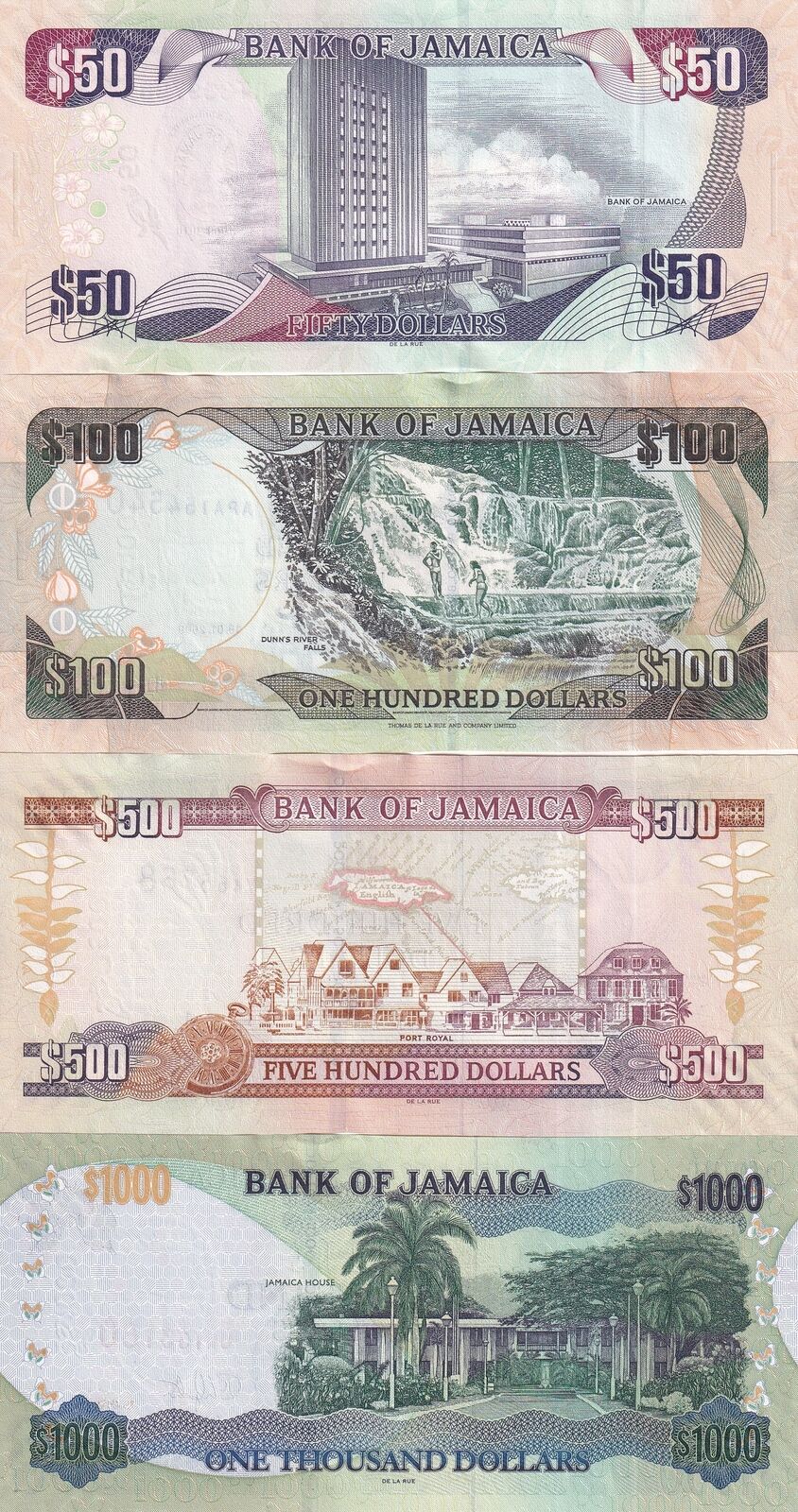Jamaica SET 4 PCS 50 100 500 1000 Dollars Random Year P 84 85 86 88 UNC
