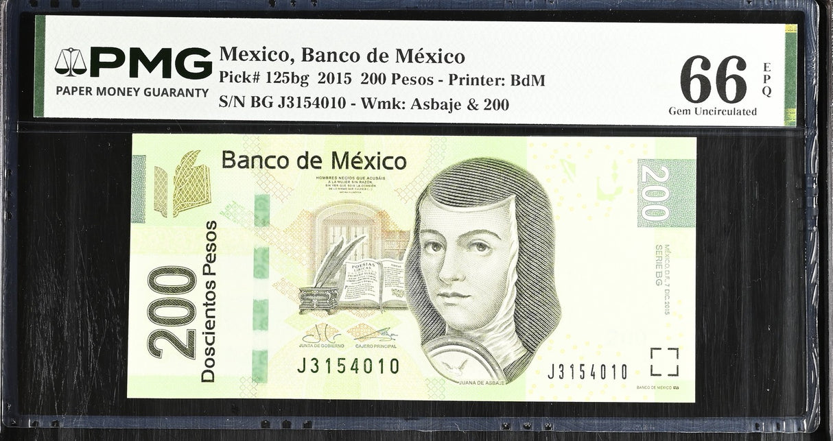 Mexico 200 Pesos 2015 P 125 bg Gem UNC PMG 66 EPQ