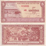 South Vietnam 5 Dong ND 1955 P 13 UNC , Fieldwork, water buffalo Hut