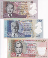 Mauritius SET 3 UNC 25 50 100 Rupees Random Date P 64 65 P NEW Polymer 2024/2025