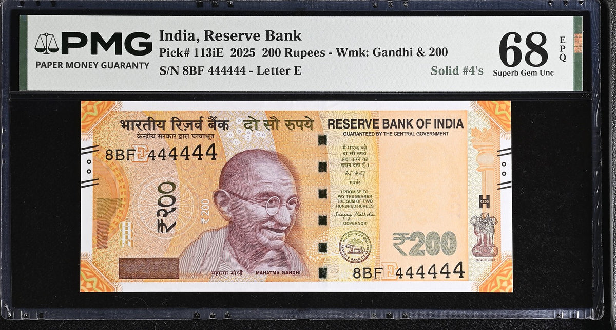 India 200 Rupees 2025 P 113 iE Solid # 4 (444444) Superb Gem UNC PMG 68 EPQ TOP