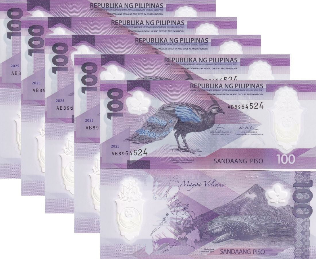 Philippines 100 Piso 2024 Peacock Whale Polymer P 238 UNC LOT 5 PCS