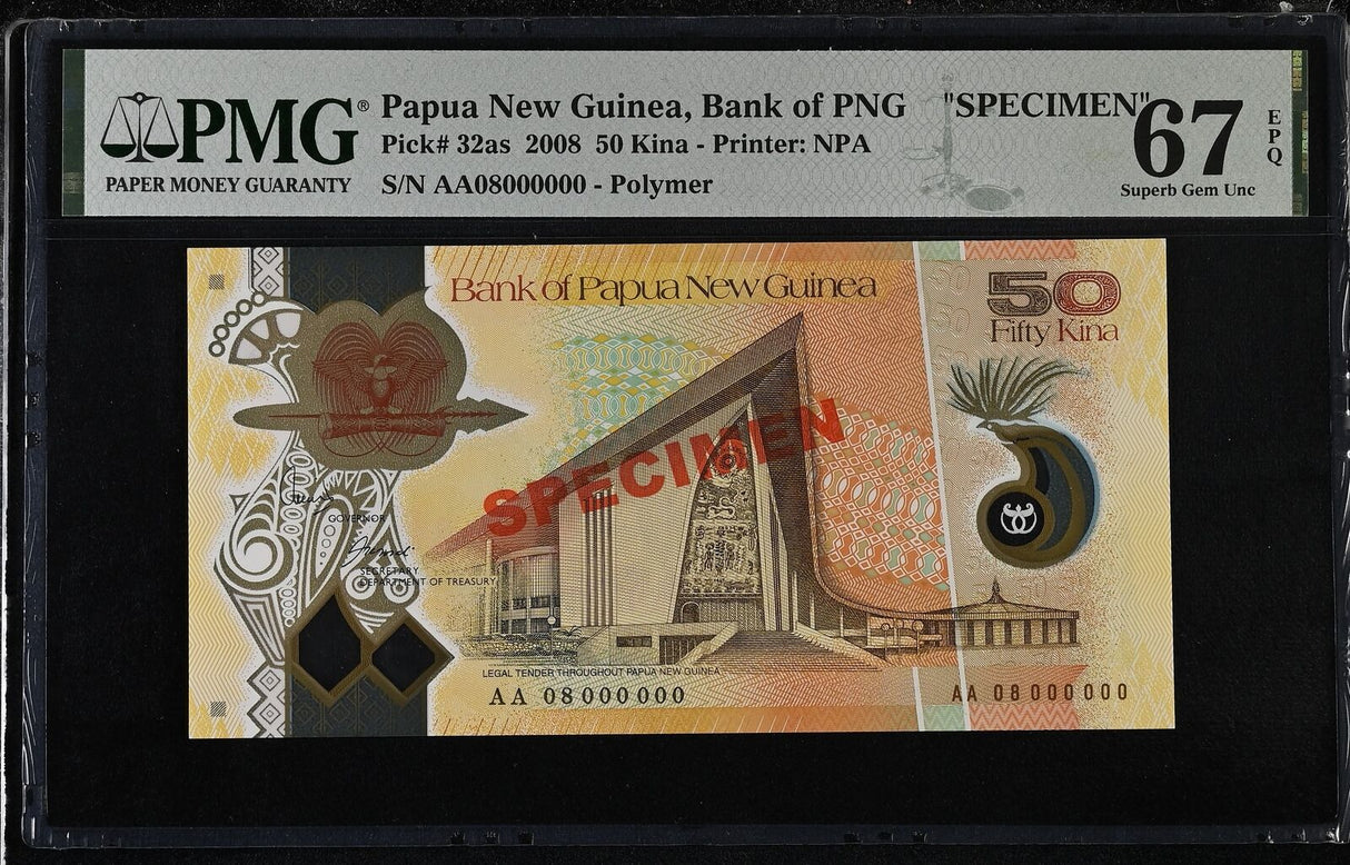 Papua New Guinea 50 Kina 2008 P 32 as SPECIMEN Superb Gem UNC PMG 67 EPQ Top Pop