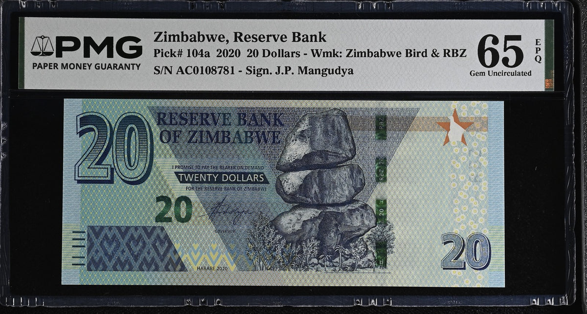 Zimbabwe 20 Dollars 2020 P 104 a Gem UNC PMG 65 EPQ , Grade Note