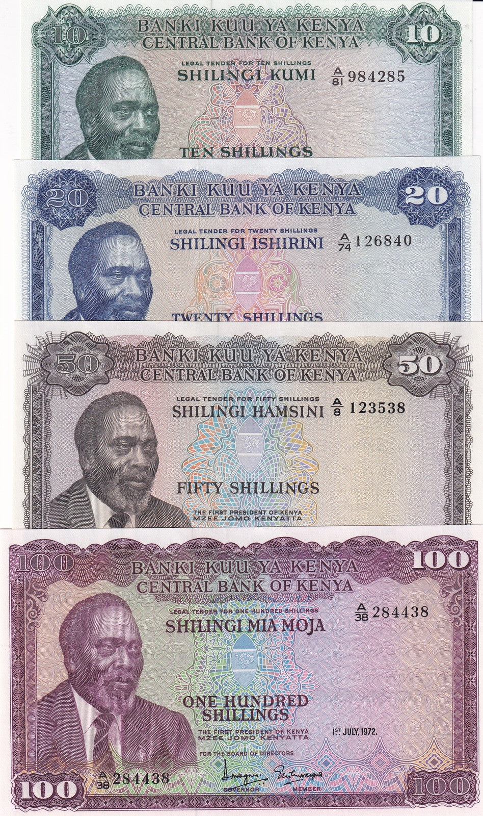 Kenya Set 4 UNC 10 20 50 100 Shillings 1971 1972 1973 1974 P 7 e P 8 d P 9 10