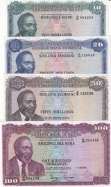 Kenya Set 4 UNC 10 20 50 100 Shillings 1971 1972 1973 1974 P 7 e P 8 d P 9 10