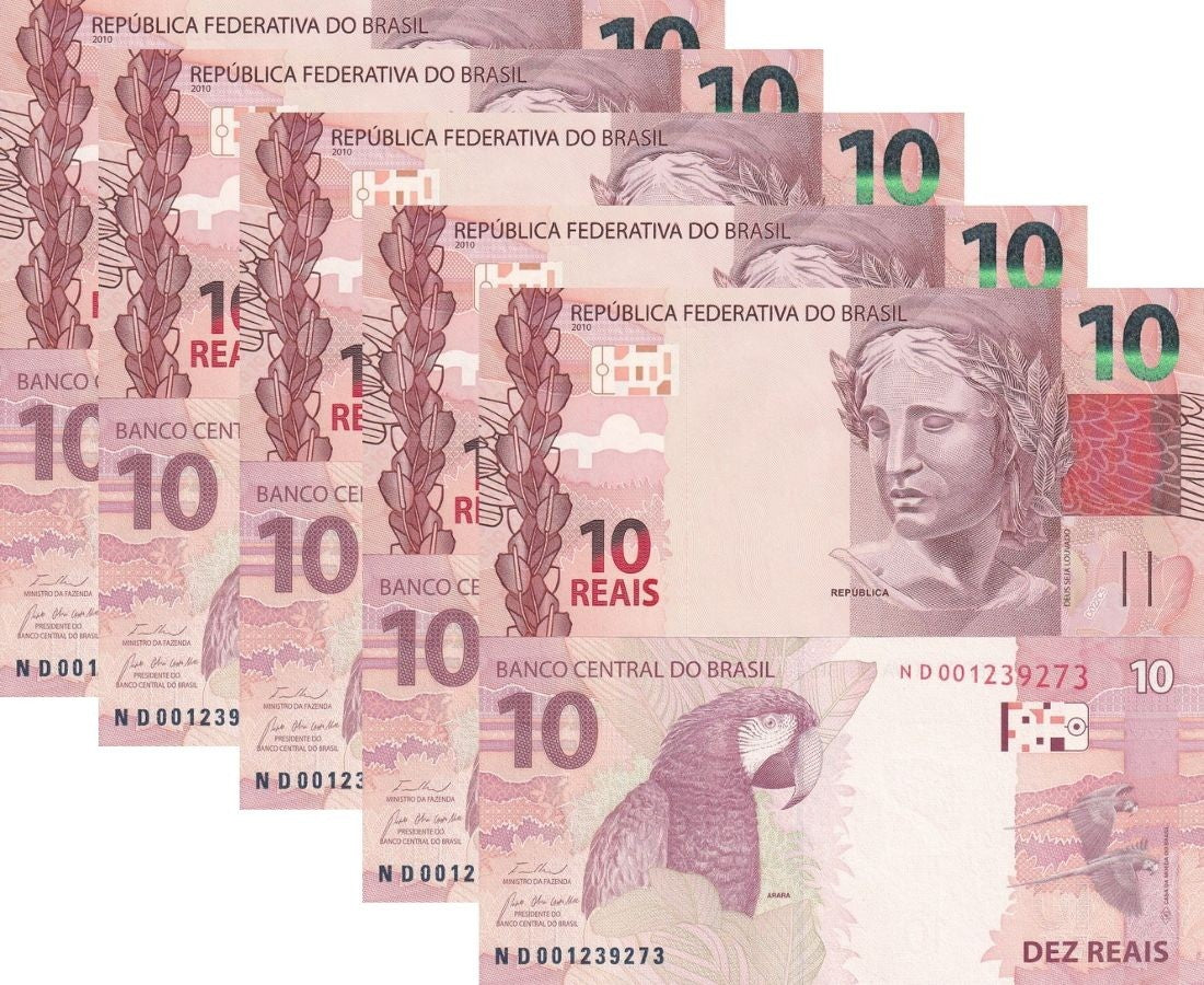 Brazil 10 Reais 2010 2020 P 254 f New Sign UNC LOT 5 PCS Arara , Birds
