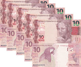 Brazil 10 Reais 2010 2020 P 254 f New Sign UNC LOT 5 PCS Arara , Birds
