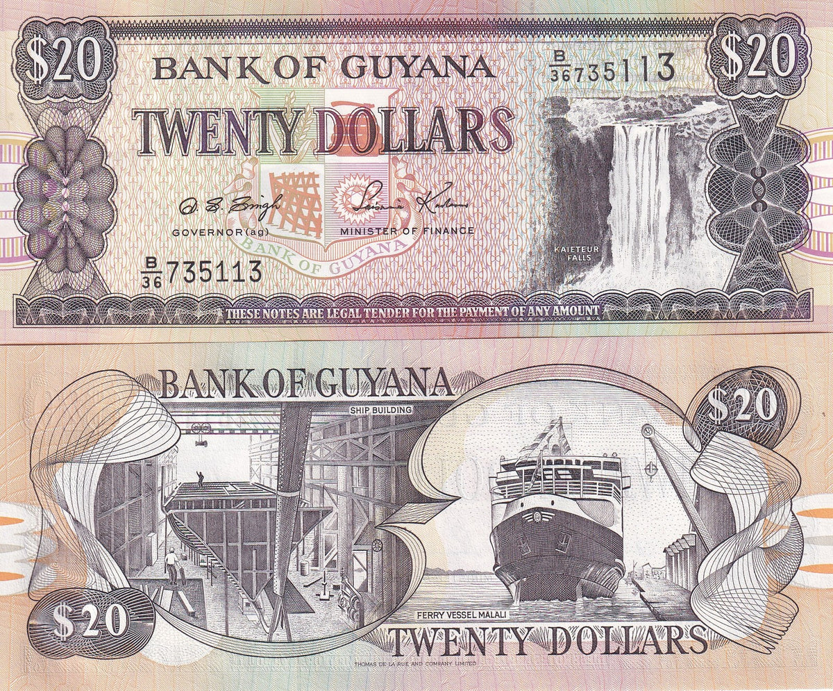 Guyana 20 Dollars ND 1996 P 30 b UNC ,Kaieteur Falls ,Ferry vessel