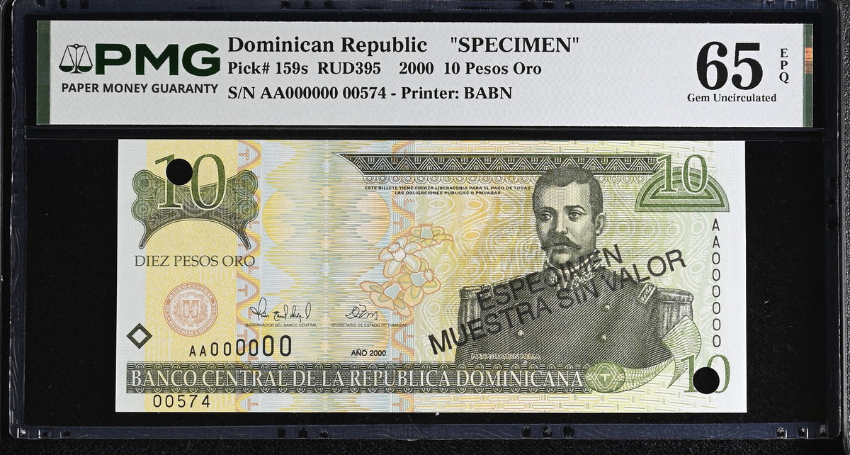 Dominican Republic 10 Pesos 2000 P 159 s SPECIMEN Gem UNC PMG 65 EPQ