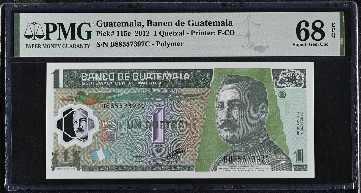 Guatemala 1 Quetzal MAY 2012 P 115 c Superb Gem UNC PMG 68 EPQ