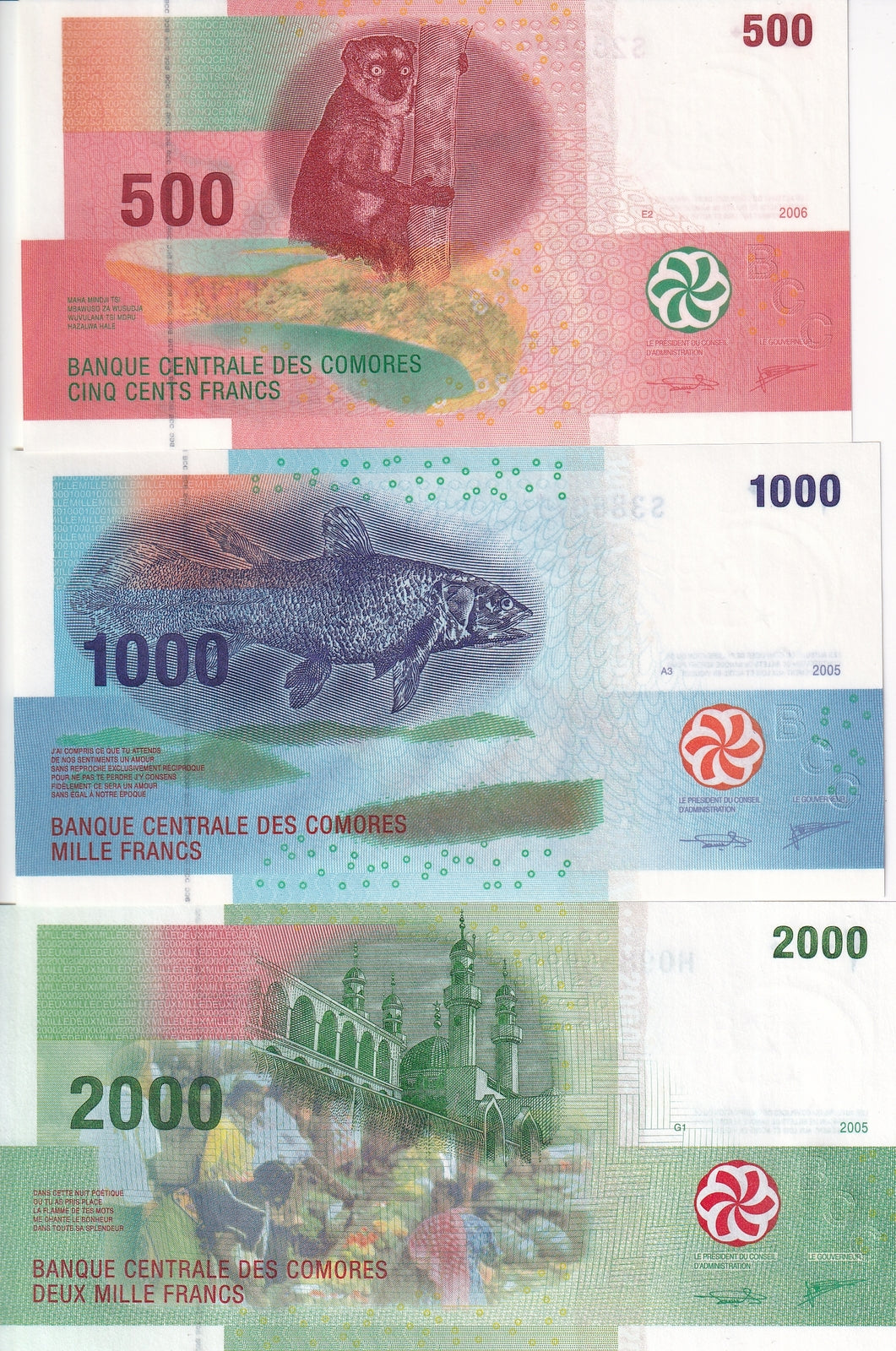 Comoros Set 3 Pcs 500 1000 2000 Francs 2006/2020 Random Signature P 15 16 17 UNC