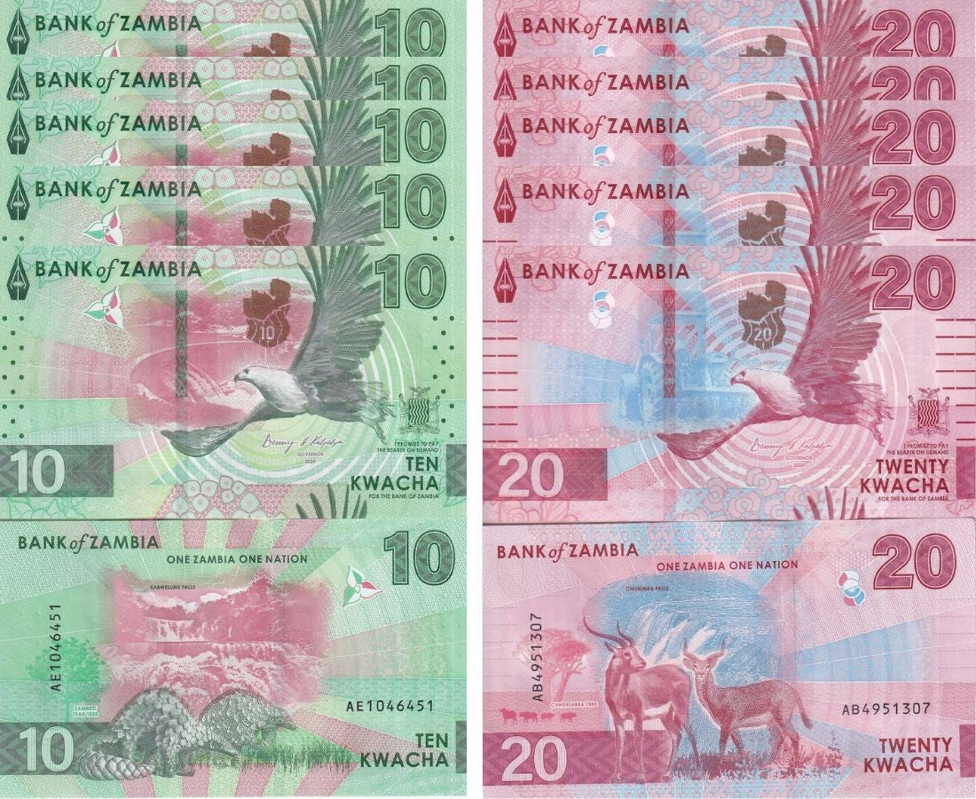 Zambia Set 2 X LOT 5=10 Pcs 10 20 Kwacha 2024 2025 P 62 63 UNC