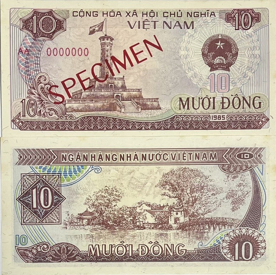 Vietnam 10 Dong 1985 P 93 Specimen UNC W/Yellow Tone ,Lake Hoan Kiem ,Hanoi