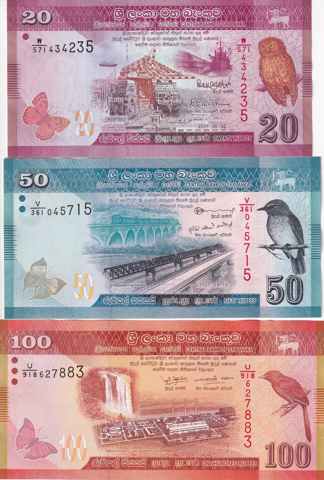 Sri Lanka Set 3 Pcs 20 50 100 Rupees Ramdom Date P 123 124 125 UNC