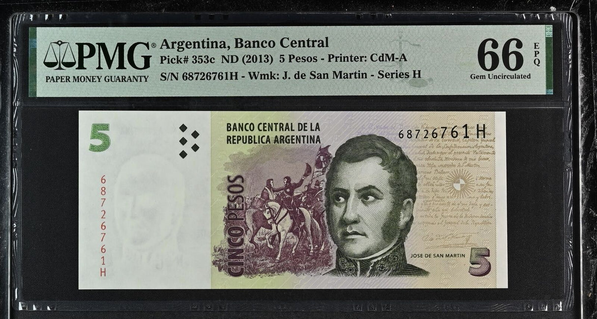 Argentina 5 Pesos ND 2013 P 353 c Gem UNC PMG 66 EPQ