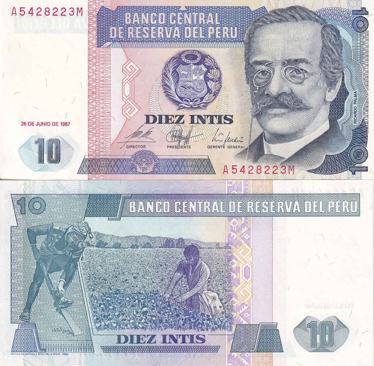 Peru 10 Intis 1987 P 129 UNC ,Ricardo Palma ,Istituto Poligrafico e Zecca dello