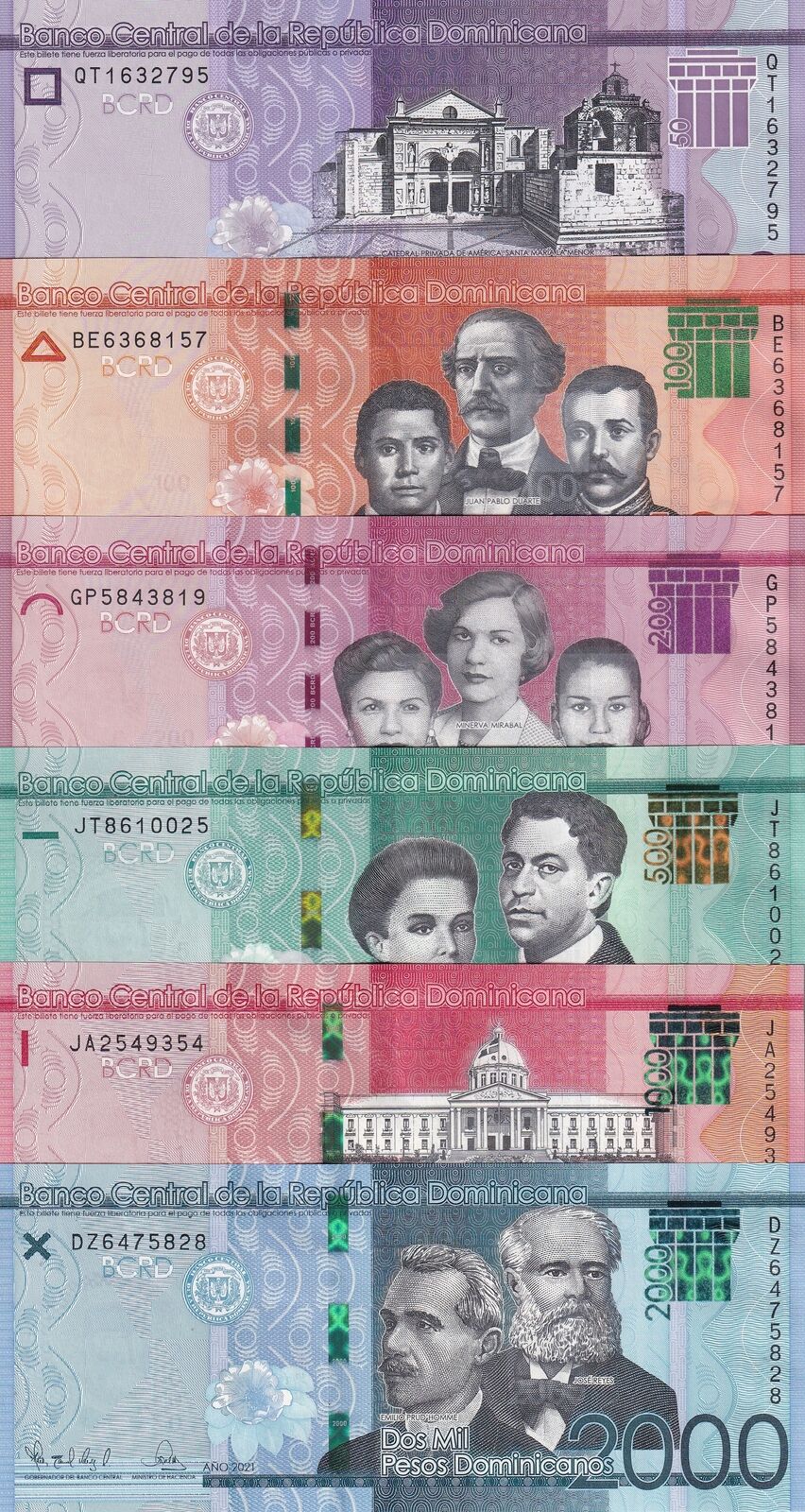Dominican Set 6 UNC 50 100 - 2000 Pesos Random Year P 189 P 190 - P 194 UNC