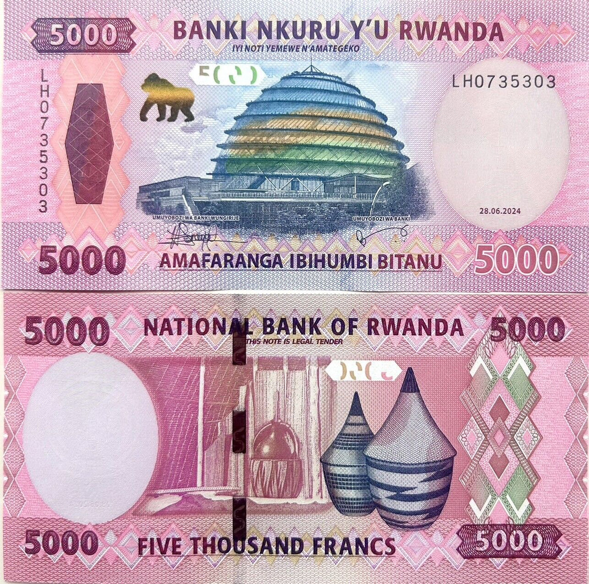 Rwanda LOT 5 X SET 2 Pcs = 10 UNC 2000 5000 FRANCS 2024 P 44 45